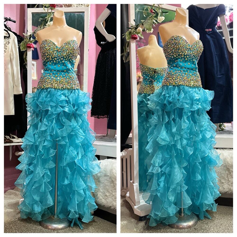 Sherri Hill Strapless Prom Formal Evening Jellyfish Dress Blue Sequins Costume M